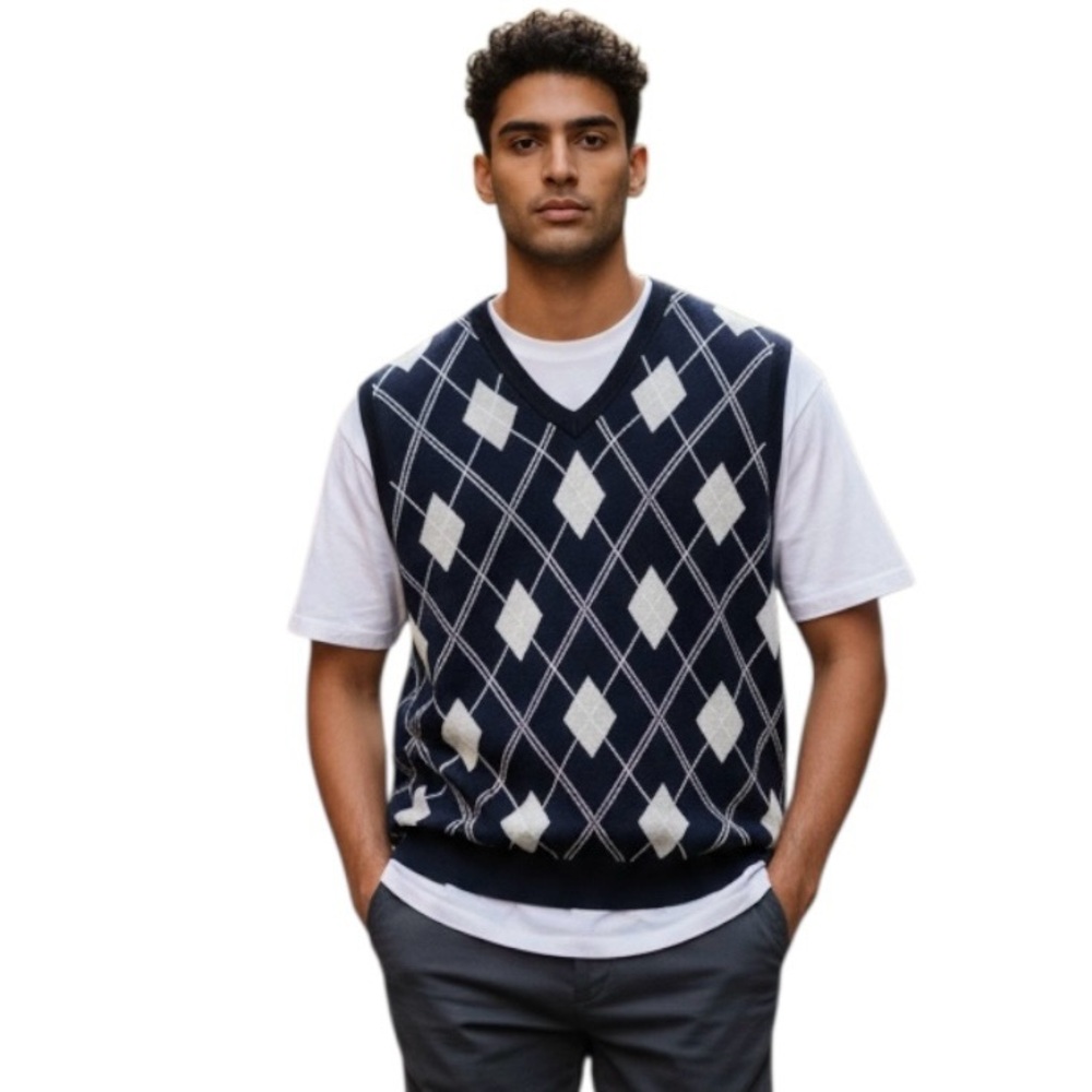 Brooks Brothers V-Neck Sweater Men’s Sz XL Navy Argyle Silk Country Club Vest
